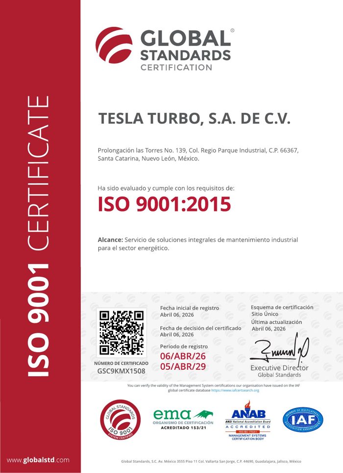Certificado ISO 9001:2015 de Tesla Turbo emitido por Global Standards