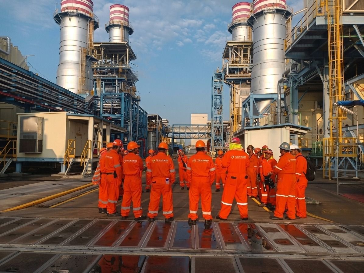 Cuadrilla de Tesla Turbo en reunión de seguridad al inicio de la jornada